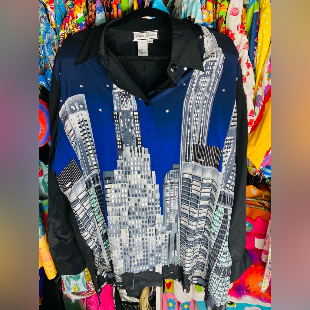 100%Silk Vintage Diane Gilman Blue And Black Cityscape Casual Shirt